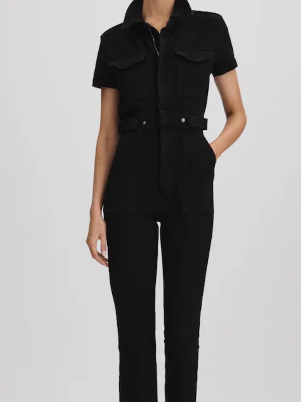 Black Utility Denim Jumpsuit- Women's Short Sleeve size 4 (XL)-